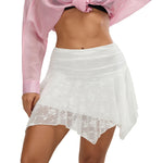 Womens Solid Color Summer Short Skirts Floral Lace Sheer Asymmetric Frill Hem Soft Lined Waist Ruched Mini Low Rise Skirts