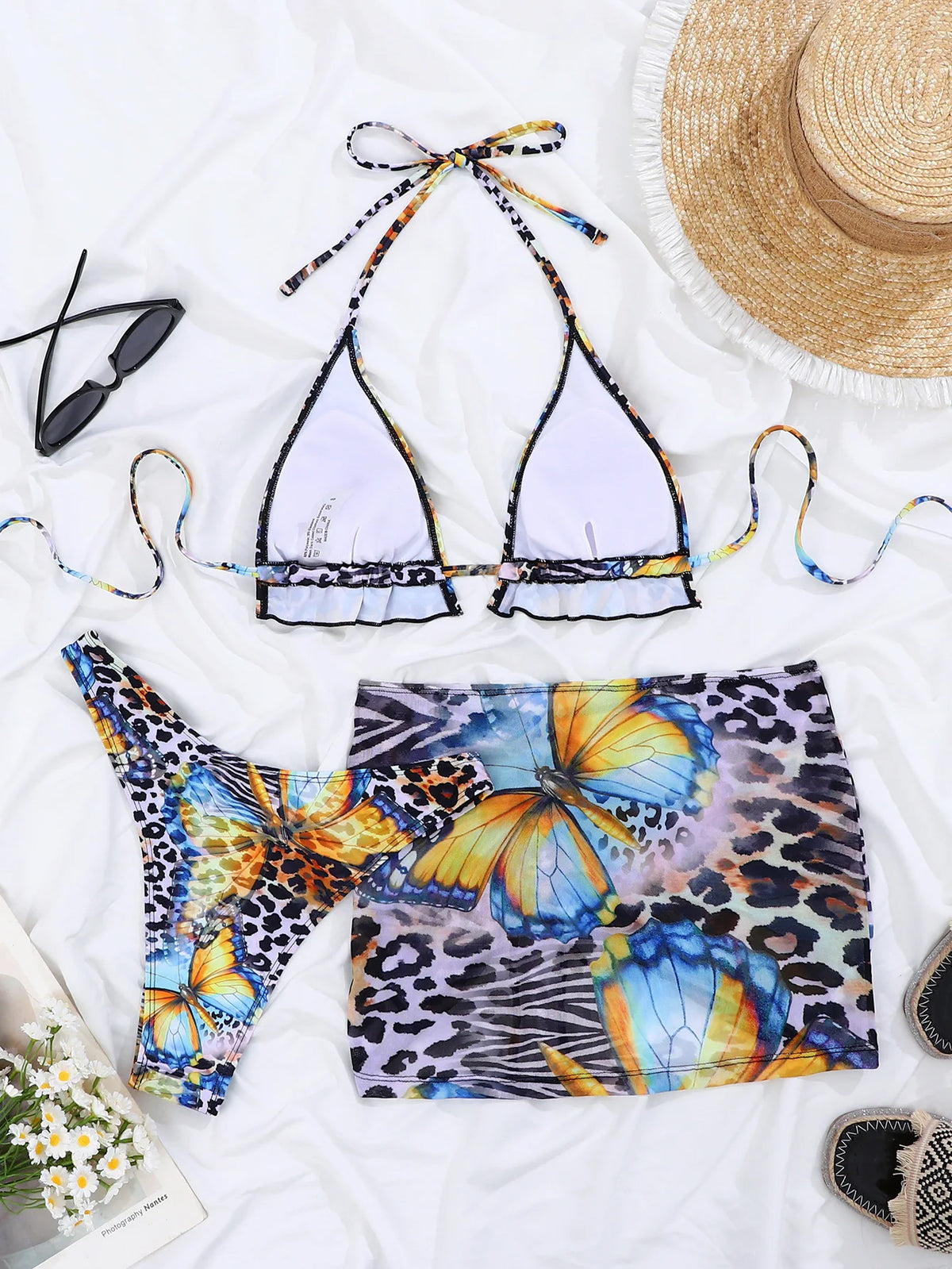 New Blue Gradient Leopard Print Bikini Set Women Drawstring Side Cover Up 3 Piece Swimsuit 2026 Bathing Suit Holiday Swimwear