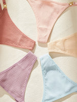 5Pcs/Set Sexy Women Panties Solid Ribbed G‑String Thong Metal Ring Soft Female Sexy Lingerie Underwear