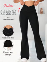 Stretchy Sports Flared Pants For Women Bootcut Wide Leg Sweatpants High Waist Soft Fitness Leggings Cross Waist Slimming Bottoms