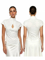 Women's Cheongsam Tops Mock Neck Short Sleeve Lace PatchworkBlouse Chinese Style Keyhole Summer Shirts