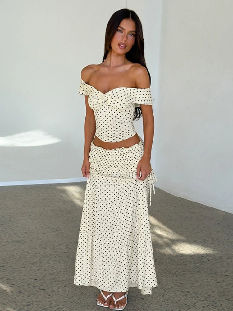 FDYOUI Woman Clothing Polka Dot Crop Tops and Lace-up Skirt Two Piece Sets Female Elegant Slash Neck Long Vacation Dresses Suit