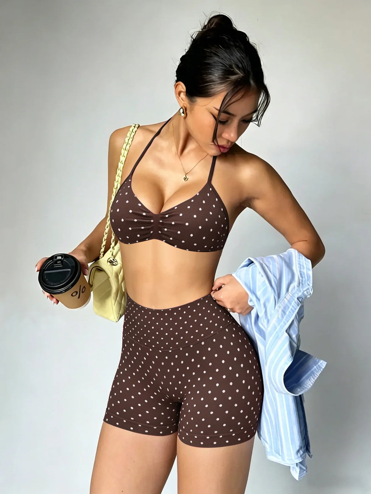 Sexy Black Polka Dot Print Seamless Yoga Sets Women Hanging Neck Pleate Sports Bra Tight High Waist Short Running Fitness Suits
