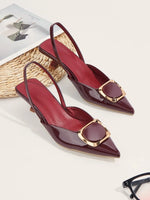 Large Size 35-43 Pointy Toe Burgundy Kitten Heels Slingback Women Summer Pumps Elegant Square Buckle Sandal OL Office Lady Shoes