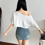 Letter Print Oversized Tees Women Skew Collar Off Shoulders Short Sleeves T-shirt Irregular Hem Hip-hop Style Trend Crop Tops