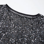 Summer Women's Fishnet T-shirt Casual Loose Fit Stylish Solid Color See Through Sequined Crew Neck Elbow Sleeve Tops
