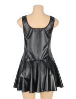 Black PU Leather Wide Strap Mini Dress for Women Heart Zipper Sexy Night Out Clubwear Plus Size Faux Leather Bodycon Babydoll