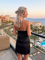 Women's Summer Satin Skirt Outfits Lace Trim Sleeveless Halter Camisole Tops with Mini Skirt 2 Piece Sets Retro Daily Date Wear