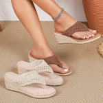 Hollow Crochet Thong Espadrille Wedge Slide Sandals Women Breathable Slip On Flip Flops Platform High Heel Summer Beach Mules