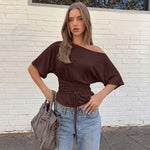 FDYOUI Sexy Short Sleeve Lace-up T-shirts Women 2026 Summer Diagonal Collar Corset Tops Streetwear Y2K Female Bandage T Shirt