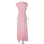 FDYOUI 2026 Summer Diagonal Collar Sleeveless Birthday Dress Women Sexy Tunics Pleated Solid Long Party Dresses Pink Black Gown