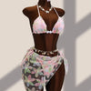 DEKA 3 Piece Brazil Triangle Bikini Set Vintage Pink Floral Embroidery Cover Up Women Halter Push Up Thong Swimsuit Bathing Suit
