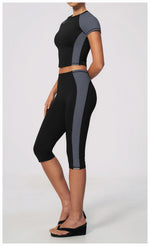 Color Blocking 2PCS Yoga Set Women's Tracksuit Short Sleeve O Neck Sports T Shirts High Waist Cropped Pants Tight Fitness Suits