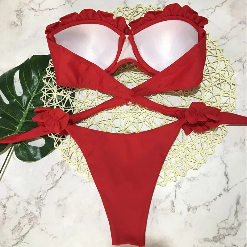Leopard Ruffled Bra Cup Bikini 2025 Women Bandeau Swimsuit Female Swimwear Two Pieces Bikini Set Push Up Bathing Suit Swim Lady