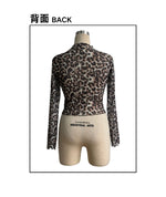European American Women Mesh Leopard Print Tops Stand Collar Long Sleeve Short T Shirt Elegant Versatile Inner Blouse Daily Casu