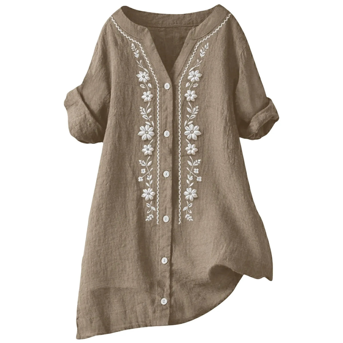 Womens V Neck Embroidered Linen Tunic Shirt Roll Up Sleeve Button Down Loose Fit Casual Boho Blouse Vintage Summer Beach Shirts