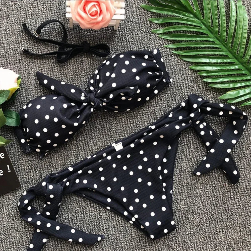 Ribbed Knotted Polka Dot Bikini 2025 Women Strapless Bandeau Swimsuit Female Swimwear Two Pieces Bikini Set Bathing Suit Swim
