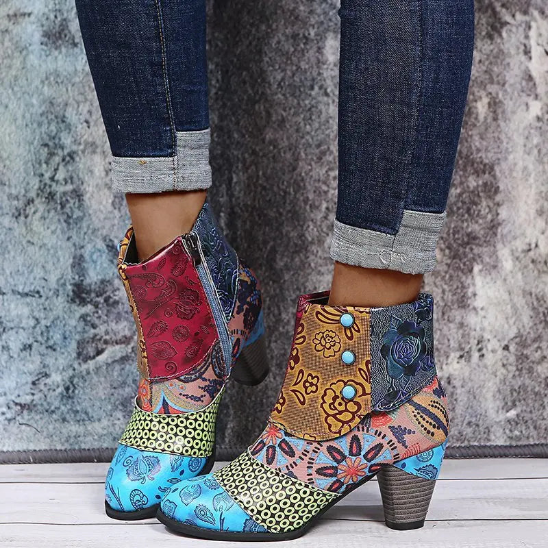Ankle Boots Women Autumn PU Women's Shoes Ethnic Waterproof Casual Vintage Shoes Zipper High Heel Short Boots Botas Mujer