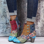 Ankle Boots Women Autumn PU Women's Shoes Ethnic Waterproof Casual Vintage Shoes Zipper High Heel Short Boots Botas Mujer