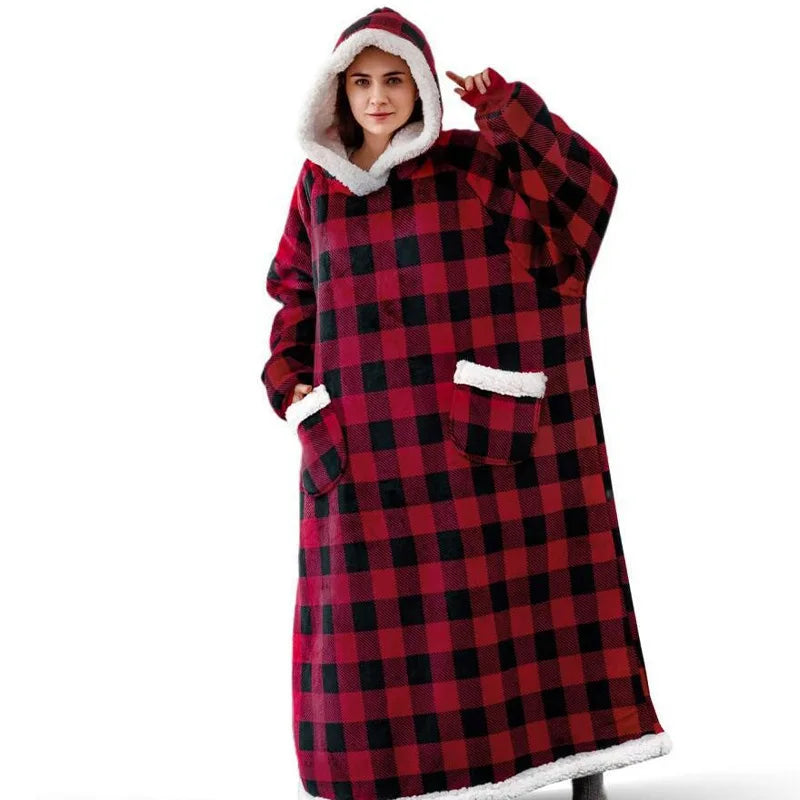 New 120/150cm Winter Thick Blanket Extra Plush Hoodie Lengthened Large Pocket Imitation Cashmere Home Coat Fleece TV Blanket 1pc
