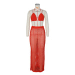 DEKA Beach Cover Up High Split Crochet Knitted Tunic Beach Dress Beach Wear Beachwear Women Long Knit Hollow Tassels Skirt Suit