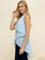 Women Summer Trendy Asymmetrical Layered Backless Shirts Solid Color Chiffon Halter Tops for Streetwear