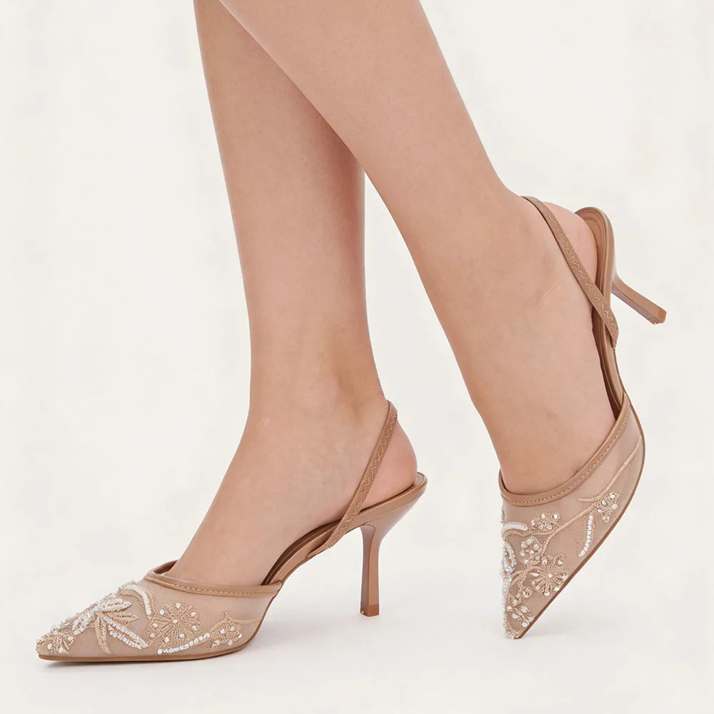 Nude 2 ways to wear Slingback Sandals Mules Big Size 42 Black Pointy Toe Mesh Embroidery Beading Thin High Heels Shoes Women