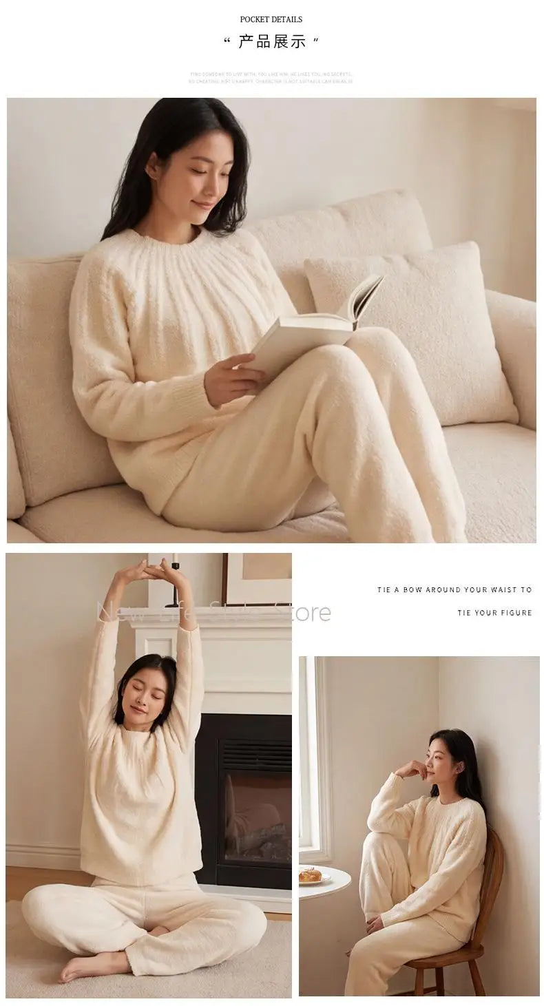 Autumn Winter Embossed Raglan Sleeve Pullover Cuffed Pants Ladies Homewear Sleepwear Women Solid Color Soft Pajama Set
