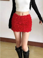 Fashion Three-dimensional 3D Rose Flower Decoration Women's Skirts Mid Waist Red Mini Skirts Summer 2026 New Sweet Women PM27