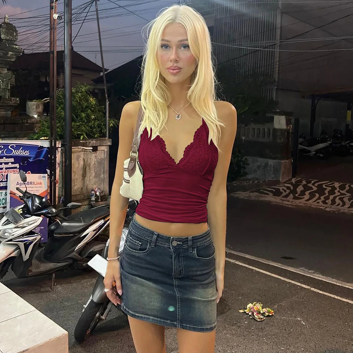 FDYOUI Woman Clothing Lace Patchhwork Camisoles Top Y2K Streetwear Sexy Halter Neck Bandage Cropped T-shirt Female Corset Tops