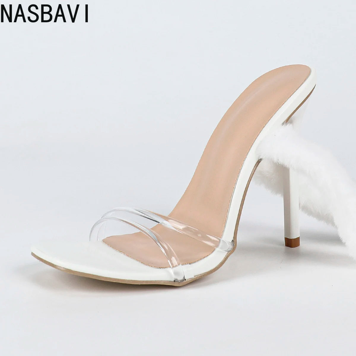 New Fashion White Fur Furry Snake Twine Ankle Strap Sandals Women Summer Square Toe Thin High Heels Wedding Banquet Shoes