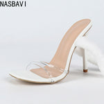 New Fashion White Fur Furry Snake Twine Ankle Strap Sandals Women Summer Square Toe Thin High Heels Wedding Banquet Shoes