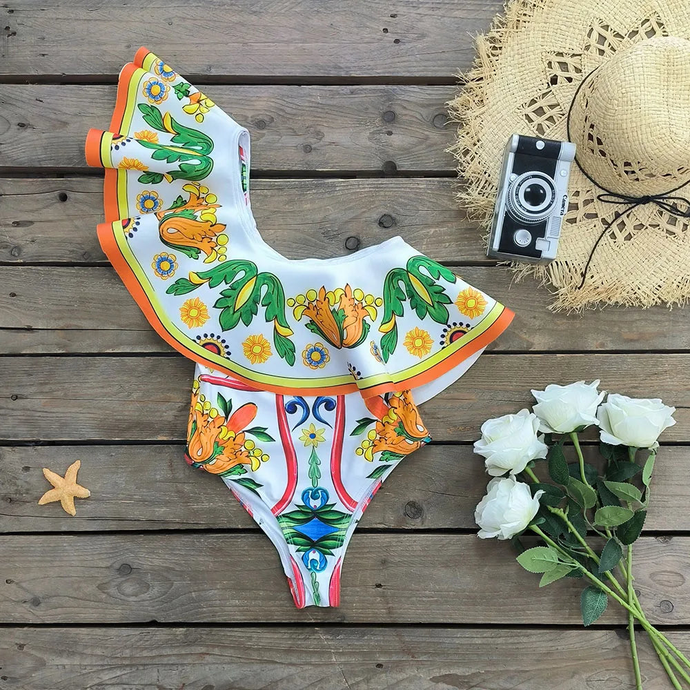 2024 Women Swimwear 2PC Cover-up Swimsuit Ruffle Solid Printed Deep V One-piece Monokini Kimono Bikini Suit Summer Beachwear