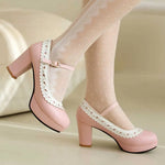 Plus Size 45 Sweet Mary Janes Shoes Women Cute Blue Block High Heels Lolita Pumps Lovely Pink Heart Edge Platform High-heeled