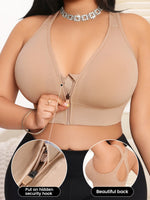 Women's Bra Plus Size Zip Front Yoga Sports Bra, X-Back Wirefree Removable Pads 1XL-4XL