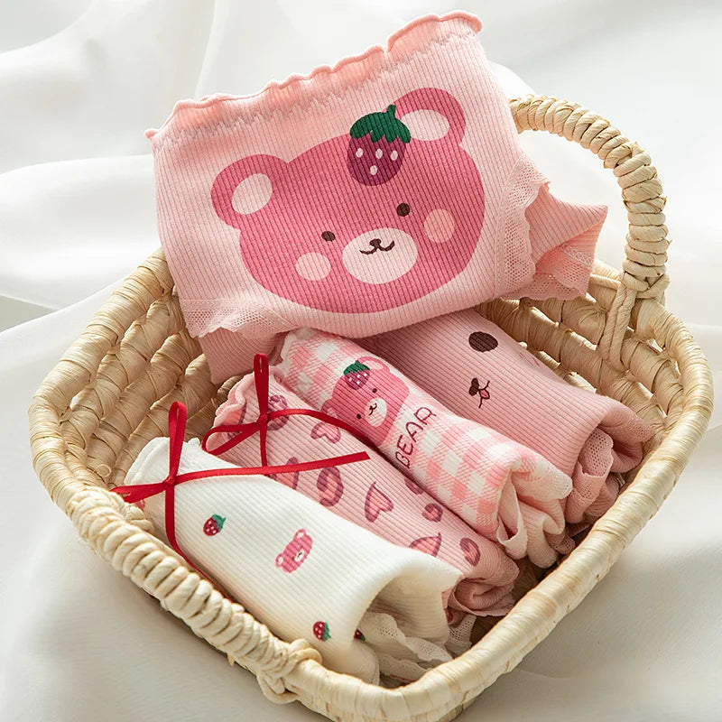 1-Pack Kawaii Bear Print Cotton Panties Women's Breathable Underwear Peach Blush Gingham Ruffled Briefs Low Rise Ladies Lingerie