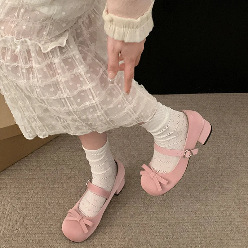 Preppy Butterfly-Knot Low Heel Mary Janes Women Vintage Solid Buckle Strap Pumps Woman Cute Sweet Lolita Single Shoes for Ladies