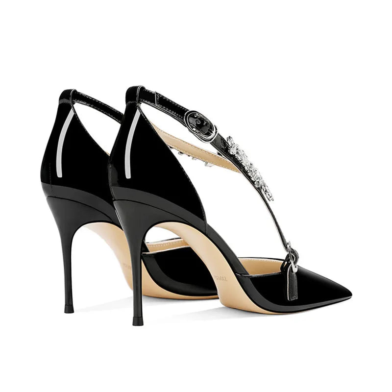 Rhinestone High Heels 2025 Summer Versatile Pointed Heel One-word Buckle Bag Head Sandals Women Black Strap High Heel Sandals 45