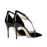 Rhinestone High Heels 2025 Summer Versatile Pointed Heel One-word Buckle Bag Head Sandals Women Black Strap High Heel Sandals 45