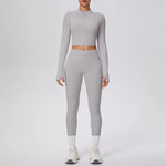 New Women Yoga Set Solid Color Double-Sided Brushed Bare Feel Short Long-Sleeve Jacket Tight Pants Running Fitness 2-Piece Set