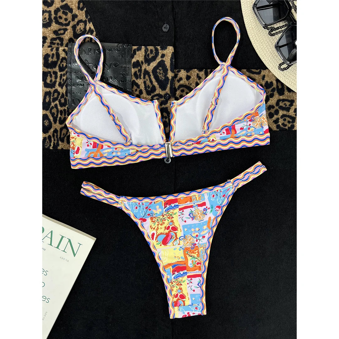Sexy Printed V Shaped High Leg Cut Bikini Women Swimwear Female Swimsuit Two-Pieces Bikini Set Bather Bathing Suit Swim V4745