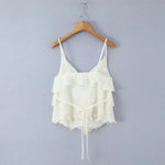 Women's Ruffled Lace Trim Loose Pants For Woman White Ruffled Embroidery Camisole Straps Button Front For Sweet Summer Look WM6E