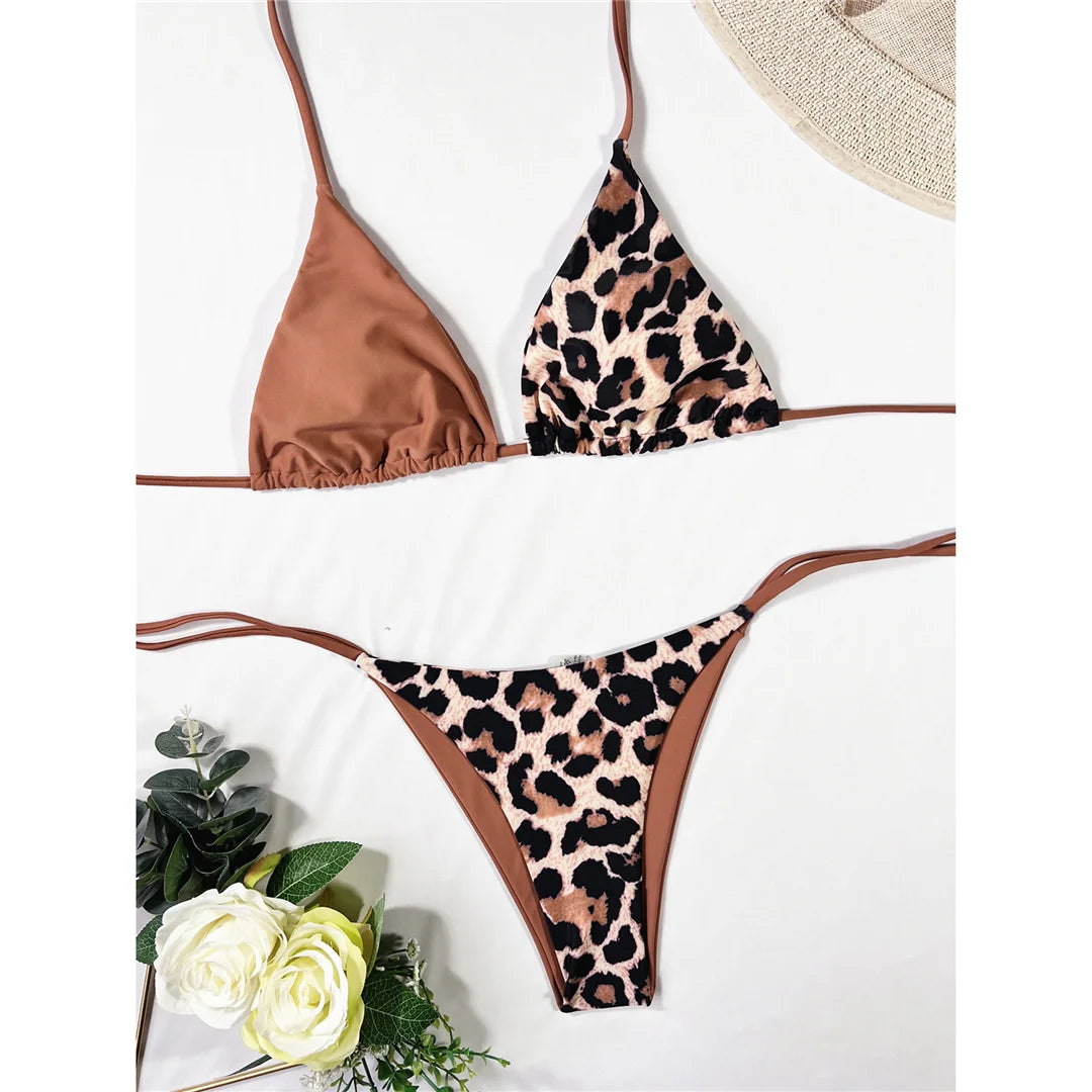 XS - L 8 Color Splicing Halter Leopard Bikini Female Swimsuit Women Swimwear Two-piece Bikini set Bather Bathing Suit Swim V3736