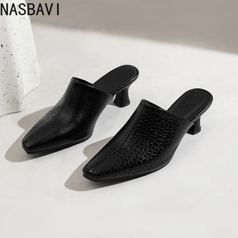 NASBAVI New Breathable Hollow Slippers Stone Pattern Leather Pumps Women Chunky Heels Mules Black Dress Shoes Big Size 45 46 47