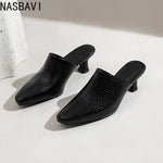 NASBAVI New Breathable Hollow Slippers Stone Pattern Leather Pumps Women Chunky Heels Mules Black Dress Shoes Big Size 45 46 47