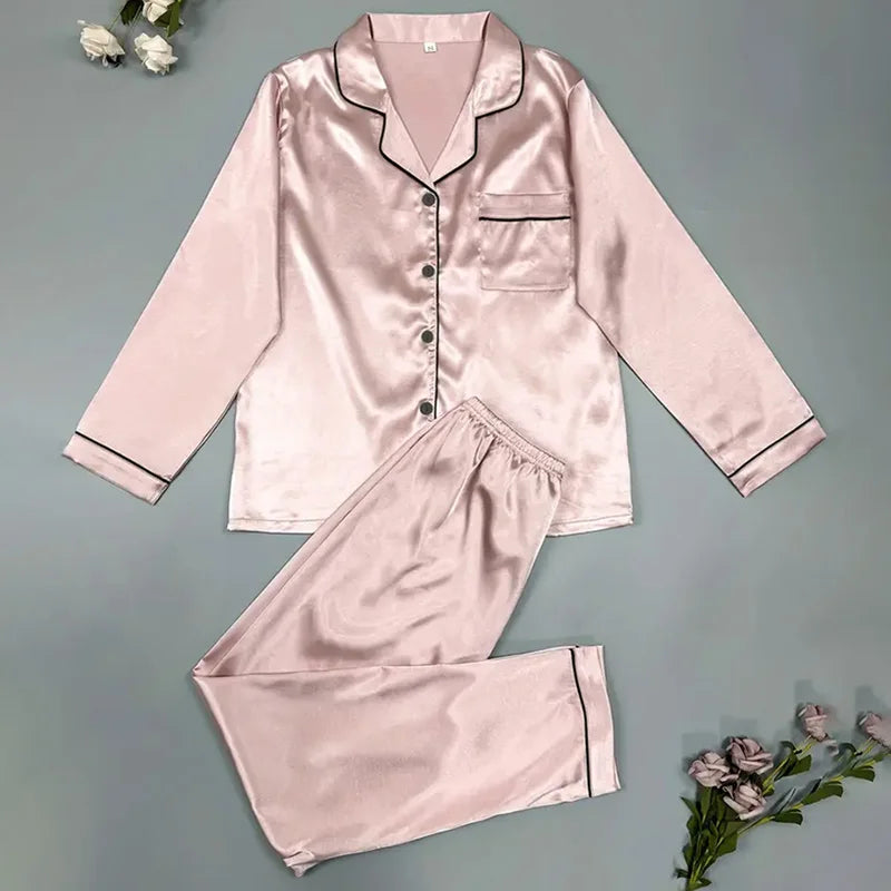 Women's Luxurious Satin Pajamas Pj Set Turn-down Collar Button Tops & Pants Sleepwear & Loungewear for Summer Home Clothes Suit
