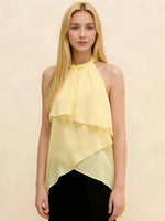 Women Summer Trendy Asymmetrical Layered Backless Shirts Solid Color Chiffon Halter Tops for Streetwear