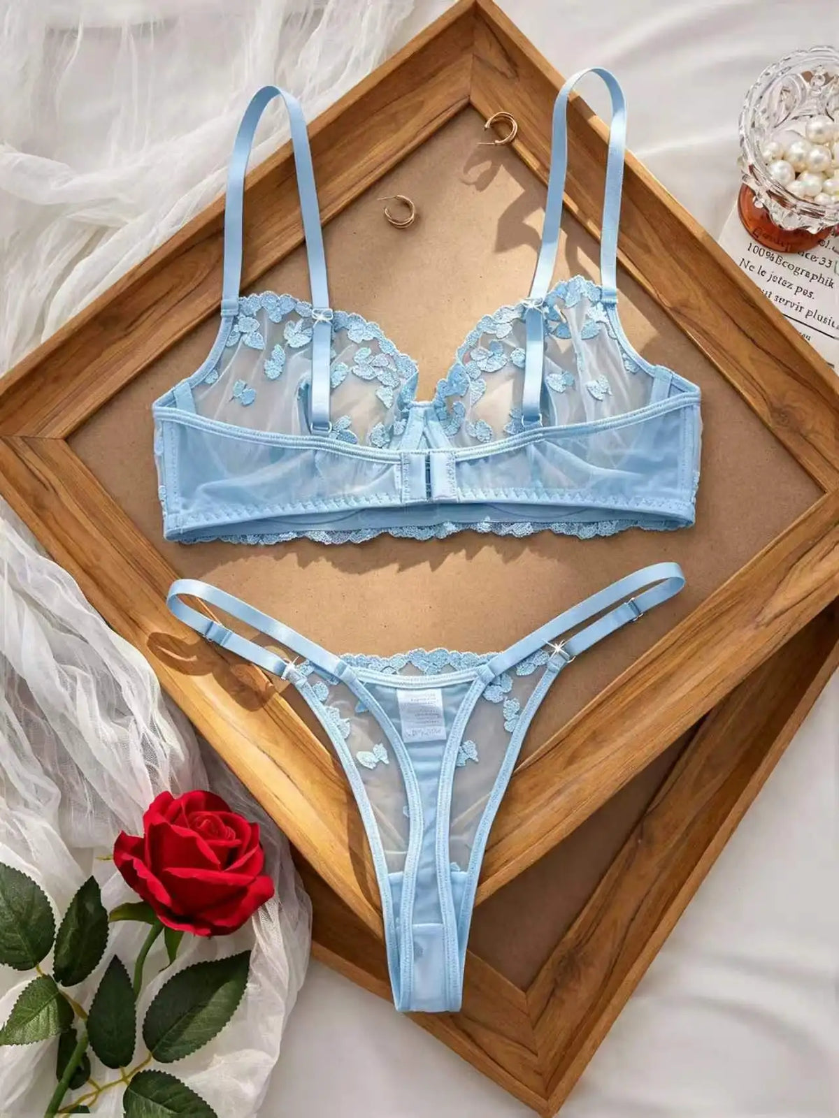 French Style Blue Lace Bra and Panties Set Women Sexy Eyelash Lace Underwear Transparent Mesh Two Piece Lingerie
