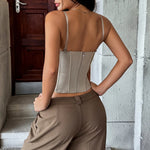 Fashion Retro Gray Splicing Tank Top Women Sexy Patchwork Slim Fit Fishbone Corset Elegant Bustier Hot Girl Party Club Tops Vest