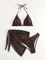 With Mesh Sarong Skirt Cherry Printed Bikini Female Swimsuit Women Swimwear Three Pieces Bikini Set Bathing Suit Swim Beachwear